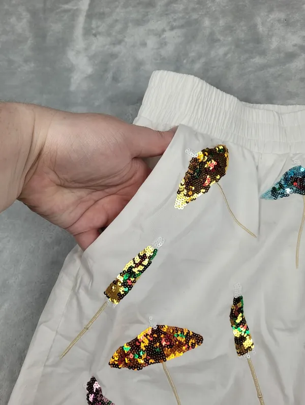 Queen of Sparkles 2 Piece Crop Top Shorts Set White Sequin XL Coctail Umbrellas - Image 12