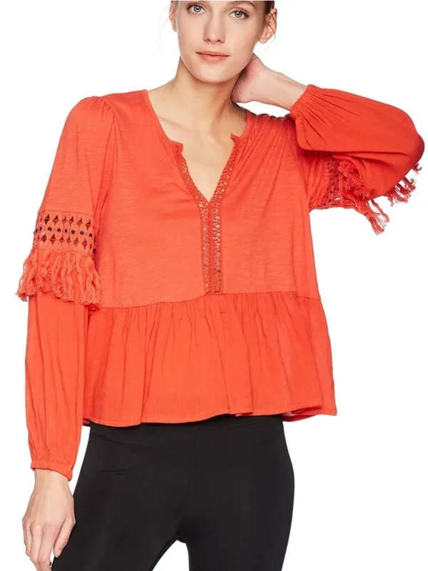 Lucky Brand Red Tassel Peplum Peasant Top Large - Image 3