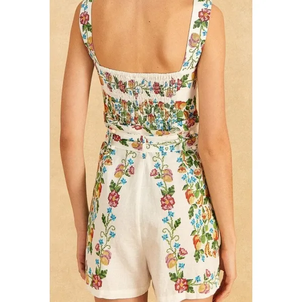 Farm Rio Tropical Romance Romper Medium White Floral Linen Cottagecore Summer - Image 3