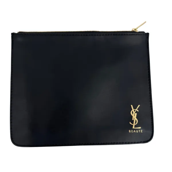 YSL Beaute make up cosmetic bag pouch logo vegan leather zipper black gold - Image 2