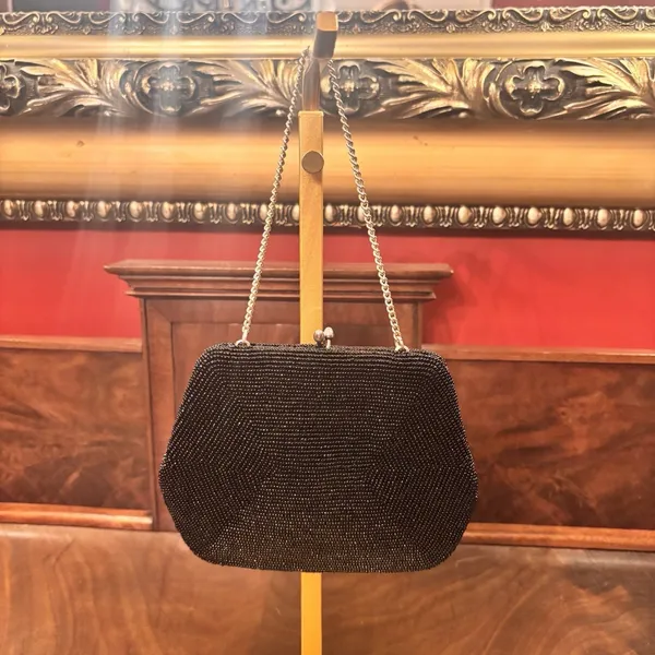 Vintage Josef Beaded Evening Bag Black Japan Clutch Purse Kiss Lock Chain‎ Strap - Image 2