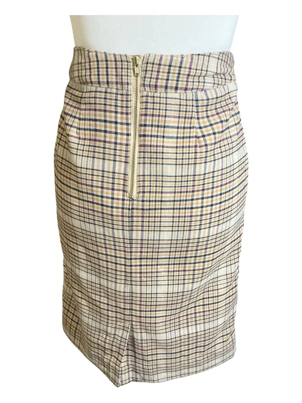 Merona Plaid Pencil Skirt Size 4 High-Waisted Wool Blend Tan Beige Zippe - Image 2