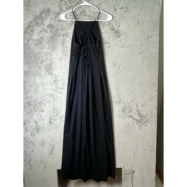 Vintage Black Beaded Sequin Halter Dress‎ Formal Evening Gown Cocktail Party SM - Image 3