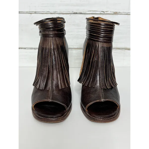 Bed Stu Onset Olivia Fringe Peep Toe Bootie Brown Leather Shoe Size 9.5 - Image 2