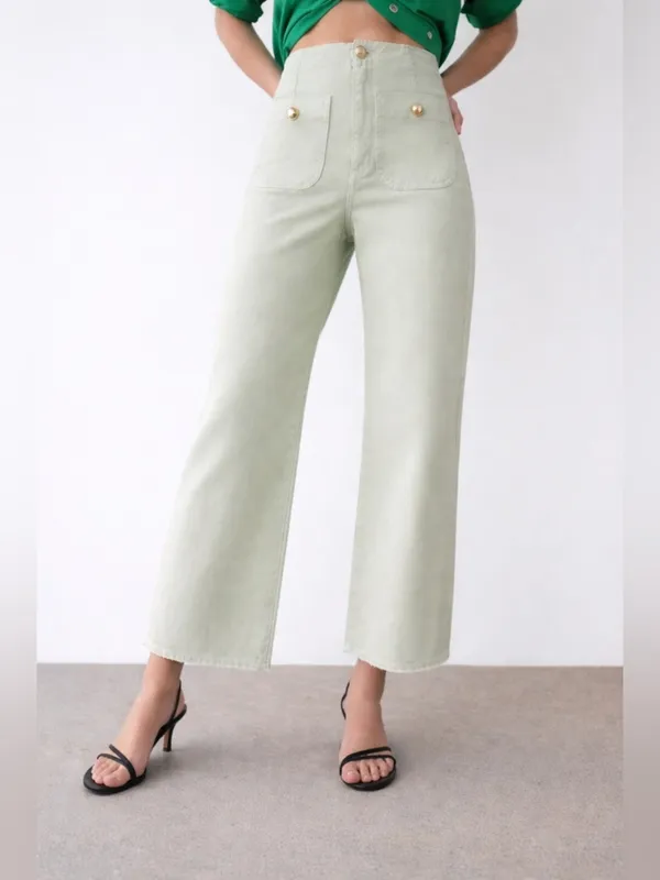 Zara Light Green High Rise Wide Leg Cropped Jeans Size 4 - Image 2