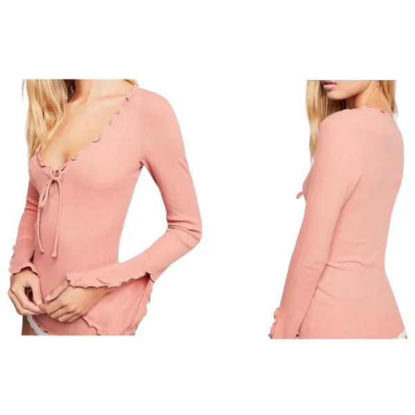 Intimately Free People Fall For You Pink Ruffle Stretch Long Sleeve Shirt Medium - Image 6