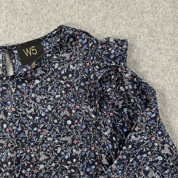 W5 Blue Floral Ruffle Shoulder Sheer Blouse Women's Medium 3/4 Sleeve Silver - Image 5