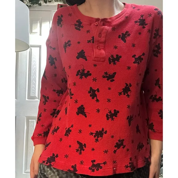 Vintage 90s Disney Store Red Waffle Knit Christmas Mickey Mouse Henley Womens - Image 2