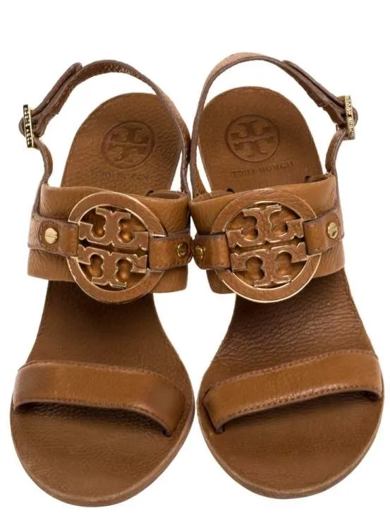 Tory Burch Amanda Brown Leather Logo Medallion Wedge Sandals Size 9.5M - Image 3