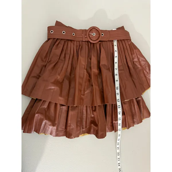 Vestique Camel Brown Vegan Faux Leather Belted Tiered Short Mini Skirt Small NWT - Image 6