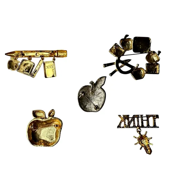 VTG Lot (5) Teacher Education Brooches Pins Apples Pencil Think Lightbulb Books - Image 2