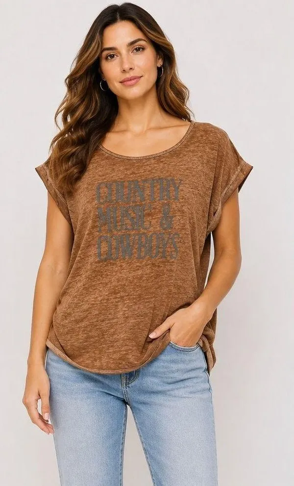 OZEO Women’s L Country Music & Cowboys Brown Graphic Tee Keyhole Back - Image 2