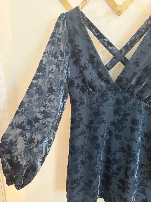 Lulus Stunning Stance Teal Blue Velvet Floral Long Sleeve Mini Dress Medium - Image 8