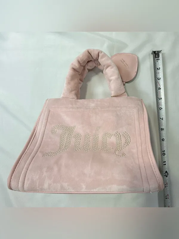 NWOT Juicy Couture Viral Blush Pink Plush Tote with Crystal Logo and Heart Charm - Image 4