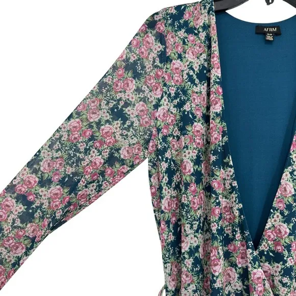 AFRM‎ Floral Print Maxi Dress Long Sleeve Wrap Medium Boho Sheer Wedding Guest - Image 5