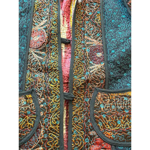 Quilted Embroidered Jacket Boho Artisan Coat Multicolor Statement Piece Multiple Size M - Image 12