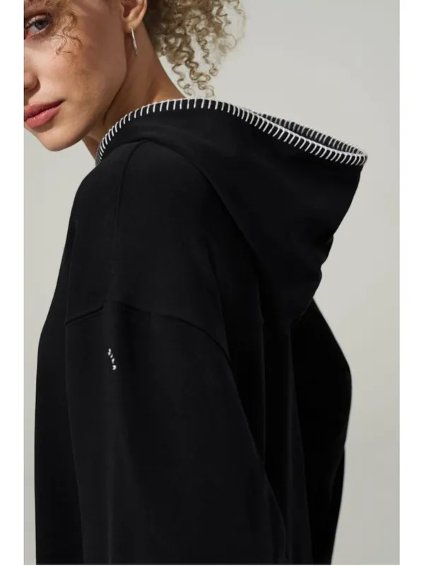 Lilysilk Seamflow Douceur Hoodie Black Medium Blanket Stitch Ribbed Cuff Soft - Image 5