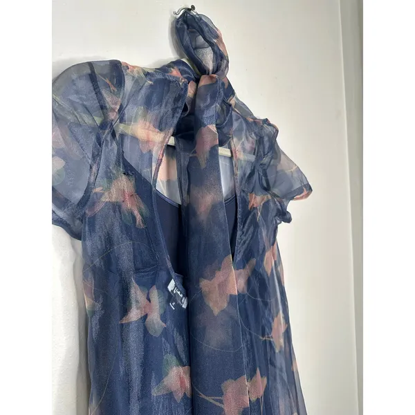STAUD Botanical Navy Calluna Organza Mesh High Neckline Tie Back Gown size Small - Image 9