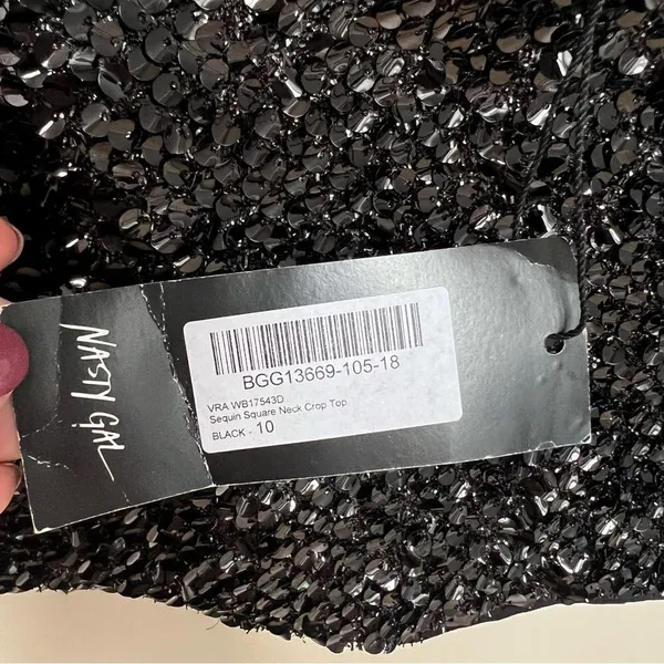NWT Nasty Gal Black Sequin Square Neck Crop Top Eras Tour Spaghetti Strap Size 6 - Image 6