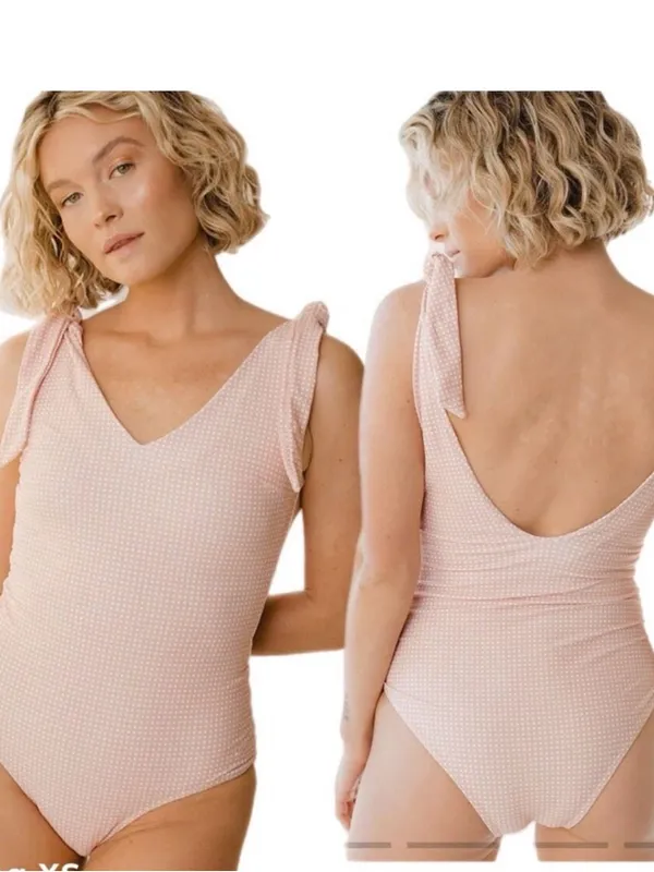 Albion Fit Belle One Piece Swimsuit Pink Checkers Size XXL Shoulder Tie Gingham - Image 2