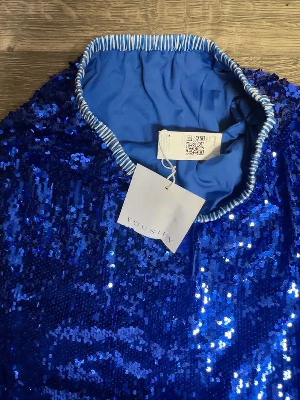 Yousify Royal Blue Sequin Midi Skirt Size S Lace Trim Stretch NWT - Image 5