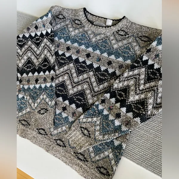 Vintage Method Blue Black Tan Fair Isle Eclectic Grandpa Crewneck Sweater Sz M - Image 7