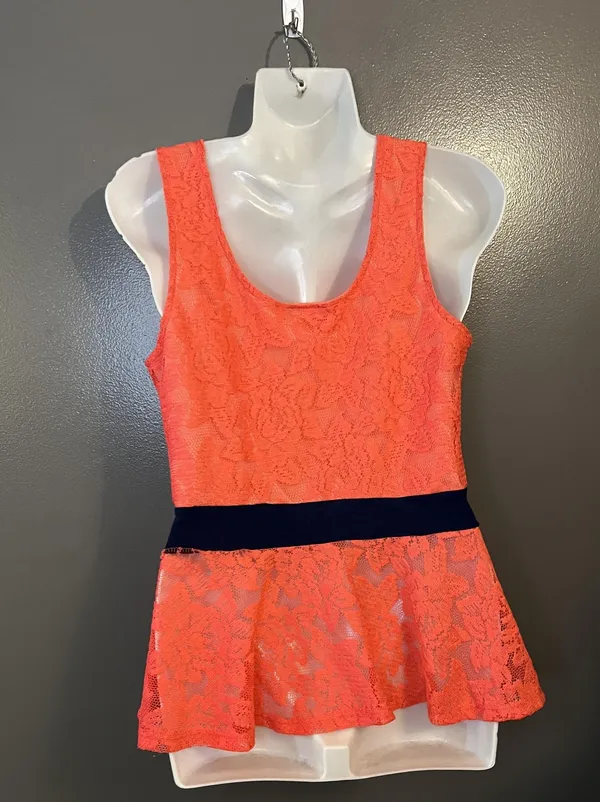 Rainbow Sandals Peplum Top Womens M Coral Lace Sleeveless Tank Black Waistband Layered - Image 4