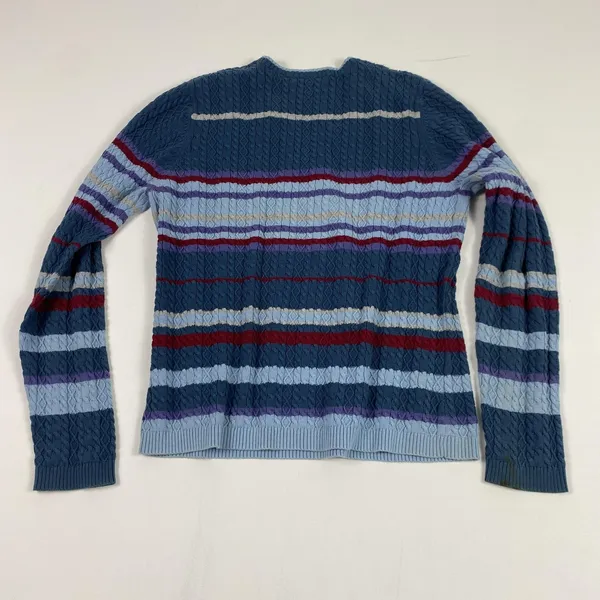 Valerie Stevens Sweater Womens Medium Blue Striped Cable Knit V Neck‎ Cotton - Image 8