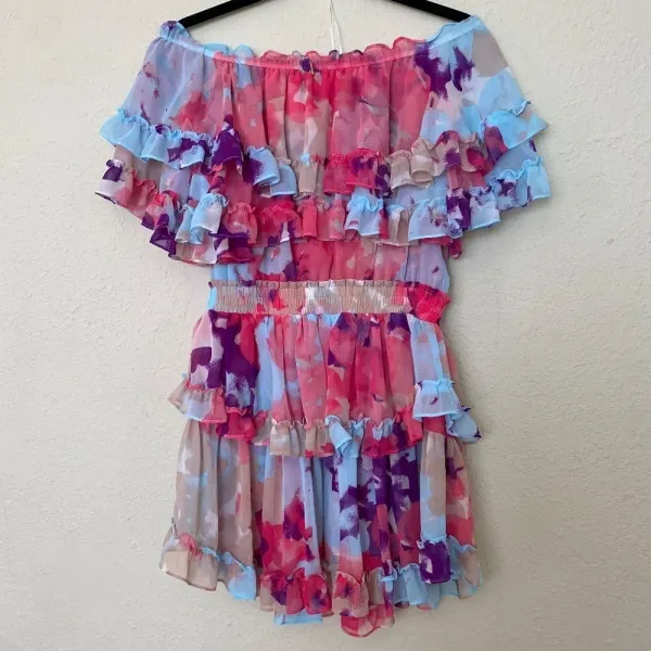 MISA Los Angeles Isella‎ Ruffled Floral Mini Dress pink blue size M - Image 6