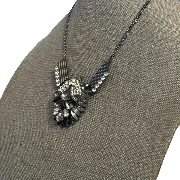 Gunmetal Silver Rhinestone Statement Necklace - Image 2