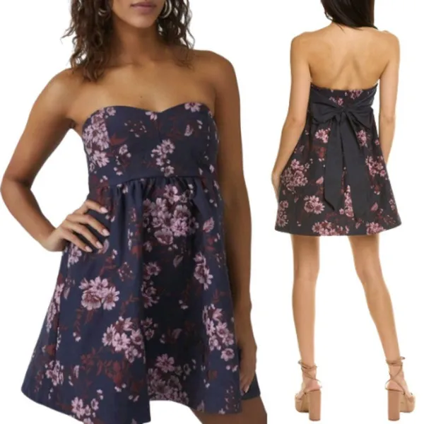 Free‎ People Matilda Tie Back Strapless Babydoll Mini Dress Size Large Blue - Image 2