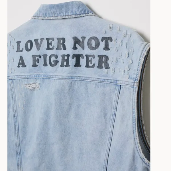 NWT H&M Denim Vest with Printed Design Distressed Denim Vest M - Image 3