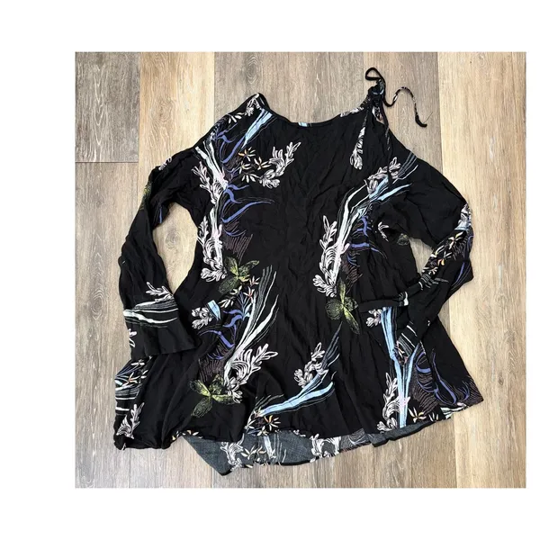 Free People Womens XS Floral Boho Tunic Dress Cold Shoulder Black Flowy Mini - Image 5