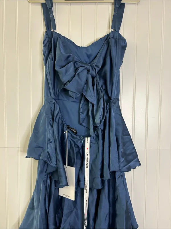 Lucy in the Sky Satin Ruffle Maxi Dress in Slate Blue Size Large - Image 7