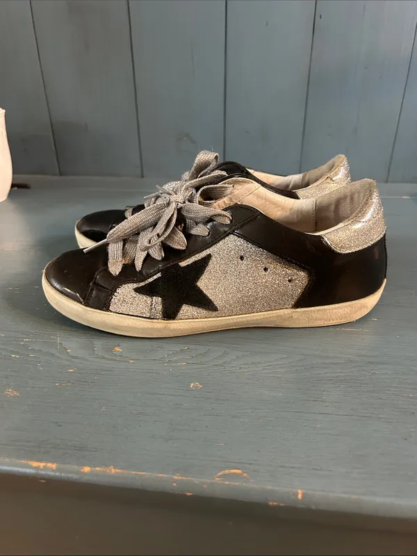 Golden Goose Black Leather Sneakers with Silver Glitter Panels | Size 37 US 7 - Image 3