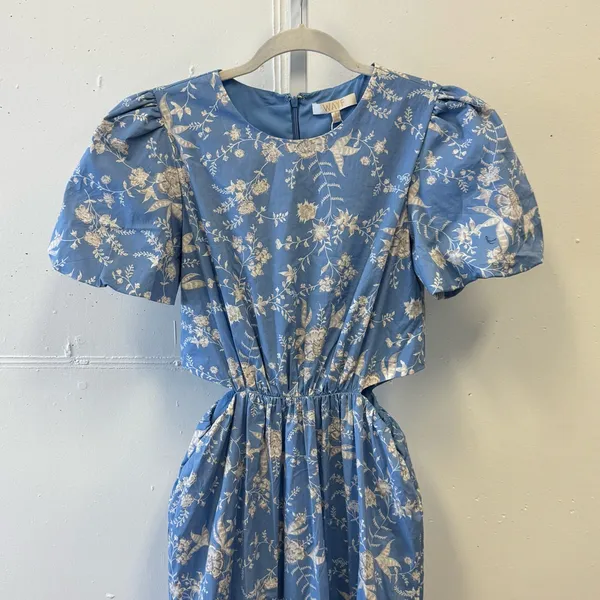 WAYF Plaza Cutout Puff Sleeve Cottagecore Floral Tiered Maxi Dress Blue White Sm - Image 5