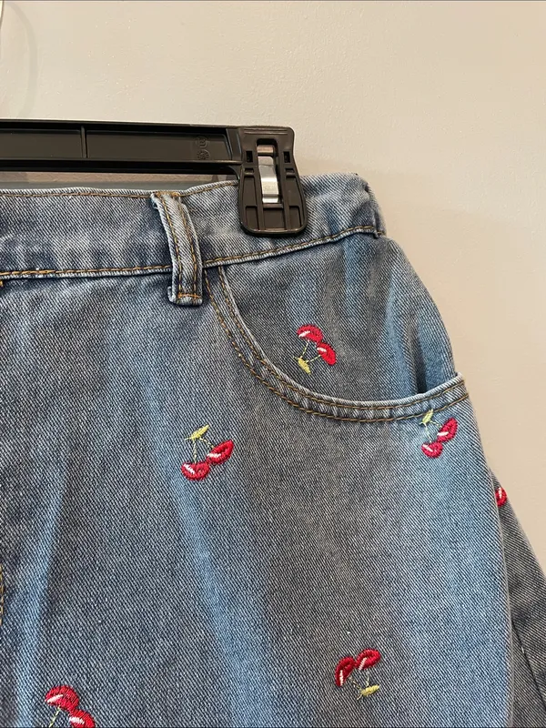 Denim Mini Skirt with Red Cherry Embroidery xl - Image 2
