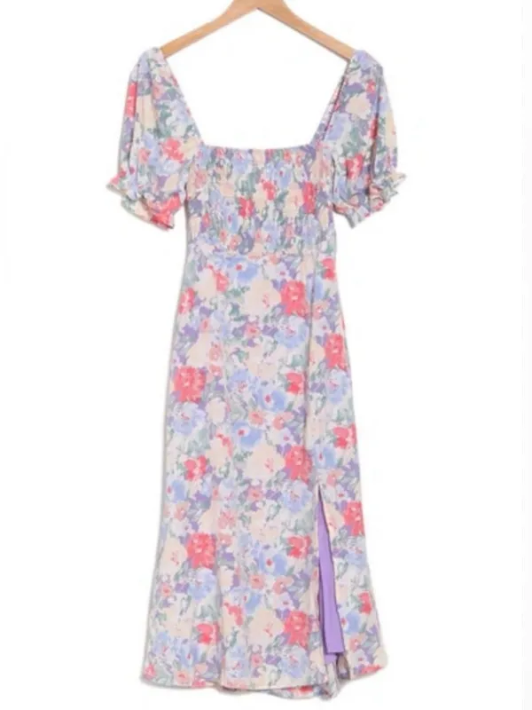 ASTR Smocked Square-Neck Floral Midi Dress in Pastel Multi, Medium NWT - Image 2