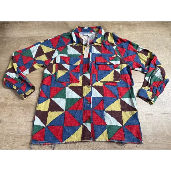 NWT Womens Buckle Exclusive Geo Patchwork Boyfriend Shirt GILDED‎ INTENT size M - Image 2
