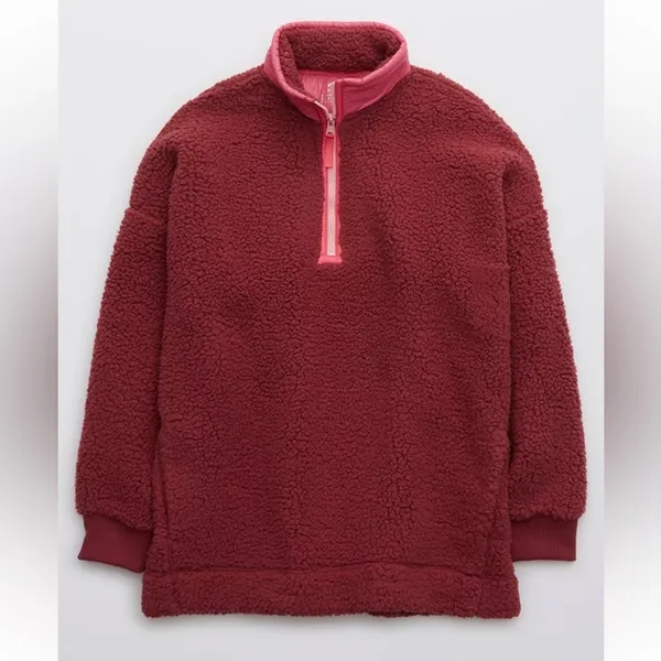 NWT Aerie Sherpa Half Zip Pullover size XS Red/Pink - Image 2