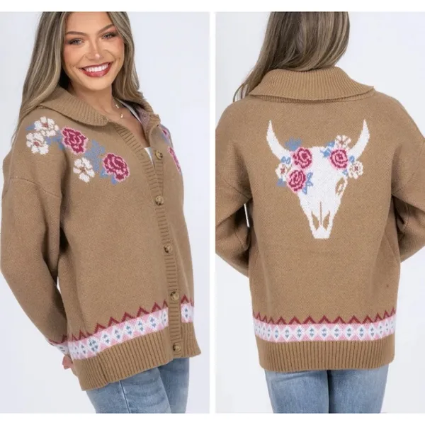Savanna‎ Jane One More Shot Longhorn Floral Knitted Cardigan Sweater Size M - Image 10