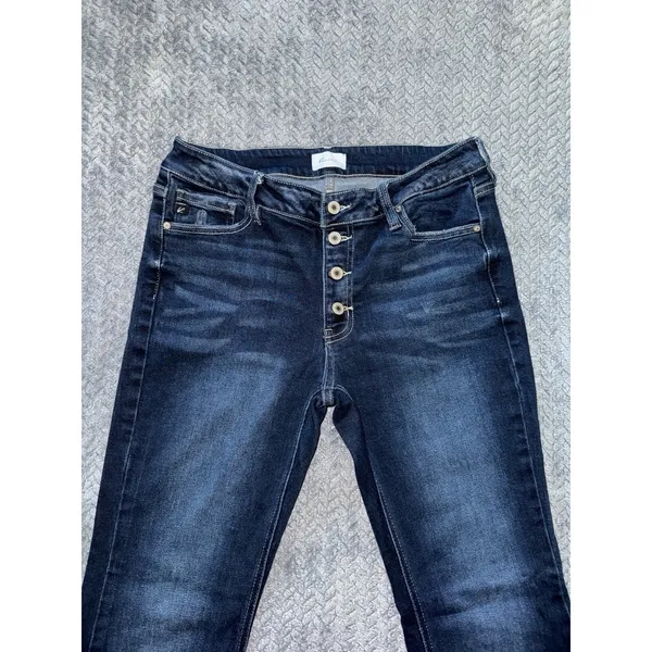 KanCan High Rise‎ Flare Jeans Dark Wash Button Fly Frayed Hem Size 30 - Image 2