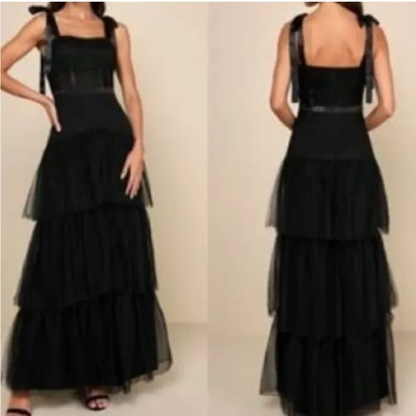 LULUS NWT Mystique Black Tulle Tie-Strap Tiered Maxi Dress Formal XXS - Image 5