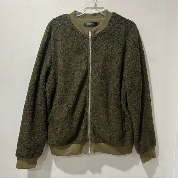 Womens‎ Mirol Sherpa Fleece bomber Faux Fuzzy Size Large Army Green Jacket - Image 4