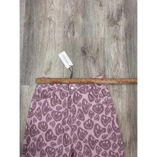 Shekou Pink Smiley Face Print High Waisted Wide Leg Jeans Womens Medium NEW - Image 6