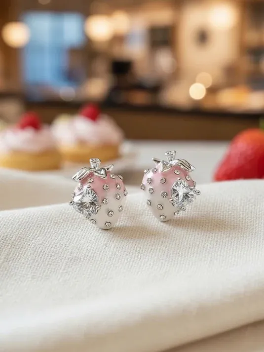 Silver Tone Pink Strawberry Crystal Stud Earrings - Image 5