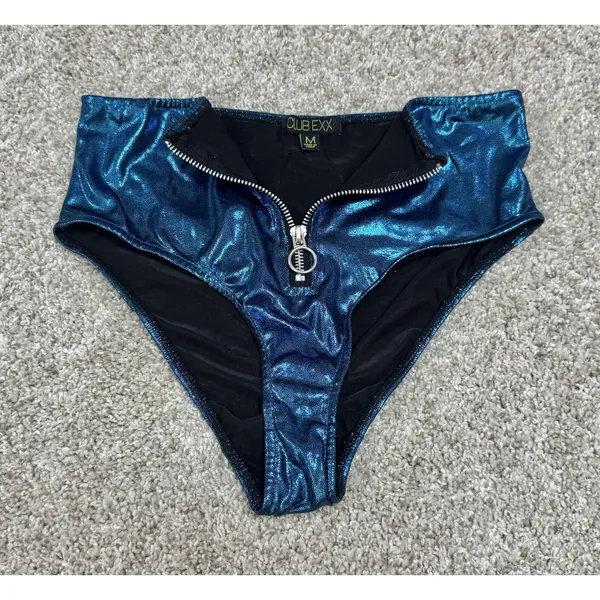 Club Exx Metallic Blue High Waist Bikini Bottom Zip Front Sz M Rave Festival - Image 3