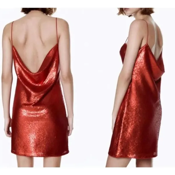 Zara NWT red sequin slip mini dress size small - Image 2