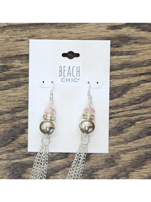 NWT Beach Chic Beaded Long Chain Drop Earrings Silver Gray / Multi 6.5" Pink - Image 3