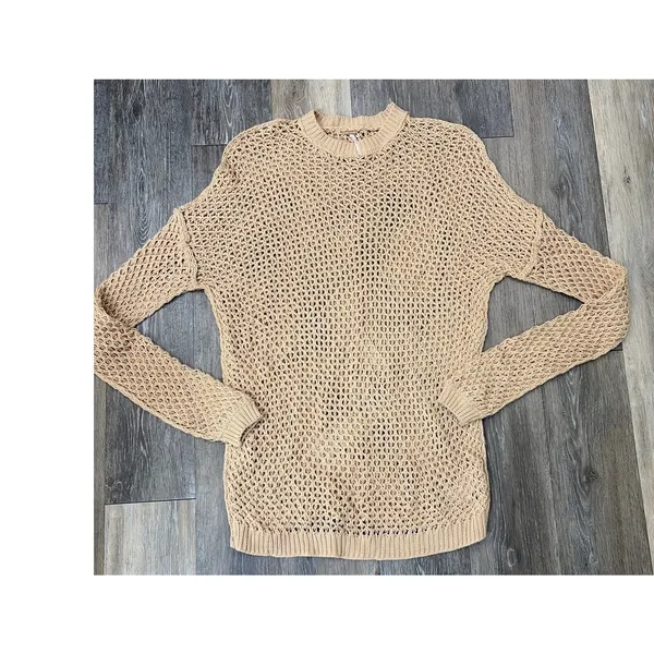 Free People Womens Open Knit Sweater Small Beige Tan Lightweight Boho Pullover - Image 3